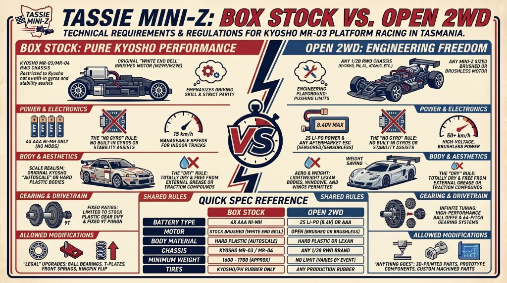 Tassie Mini-Z technical requirements infographic comparing Box Stock and Open 2WD classes.